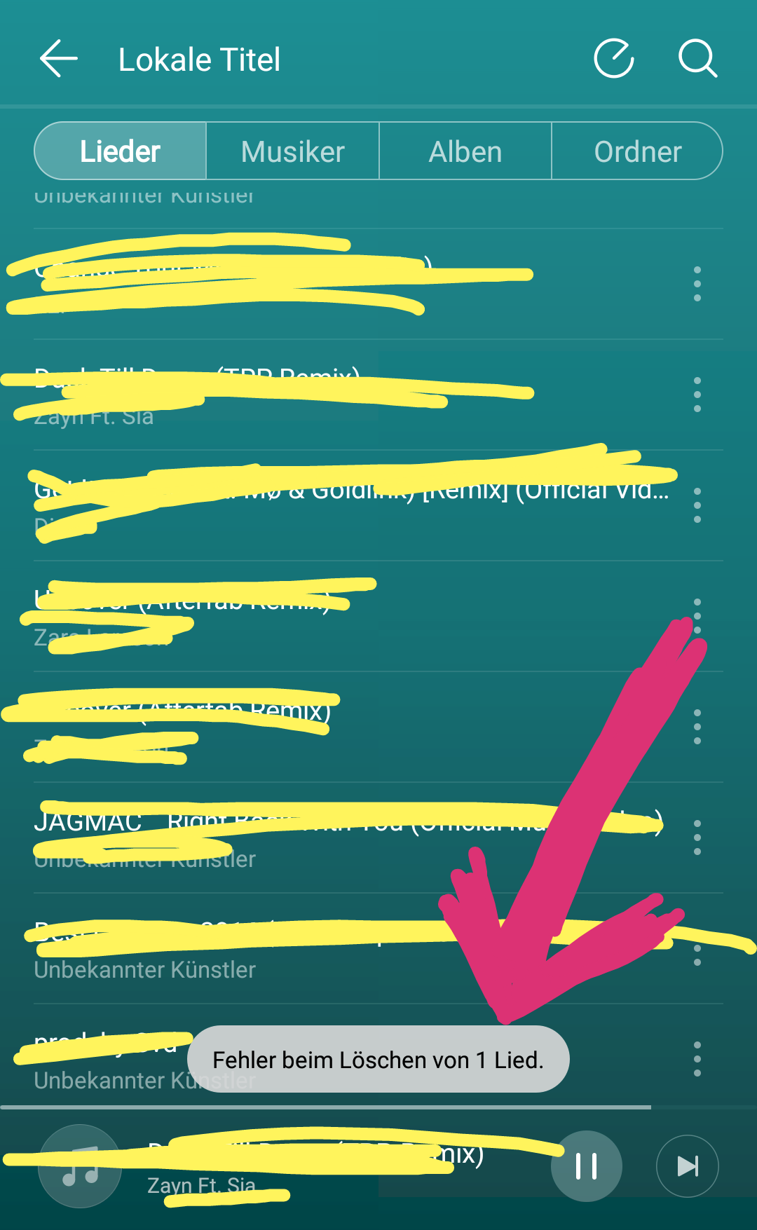 Songs from the library can t be deleted